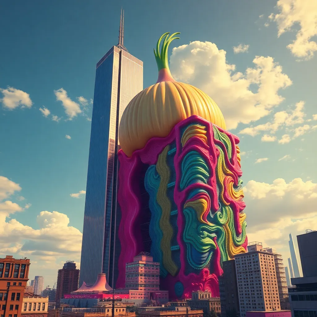 A massive skyscraper shaped like a giant onion being slowly swallowed by a larger, more colorful building shaped like a vibrating gelatin mold, surrealist architecture, neon colors, clouds shaped like question marks