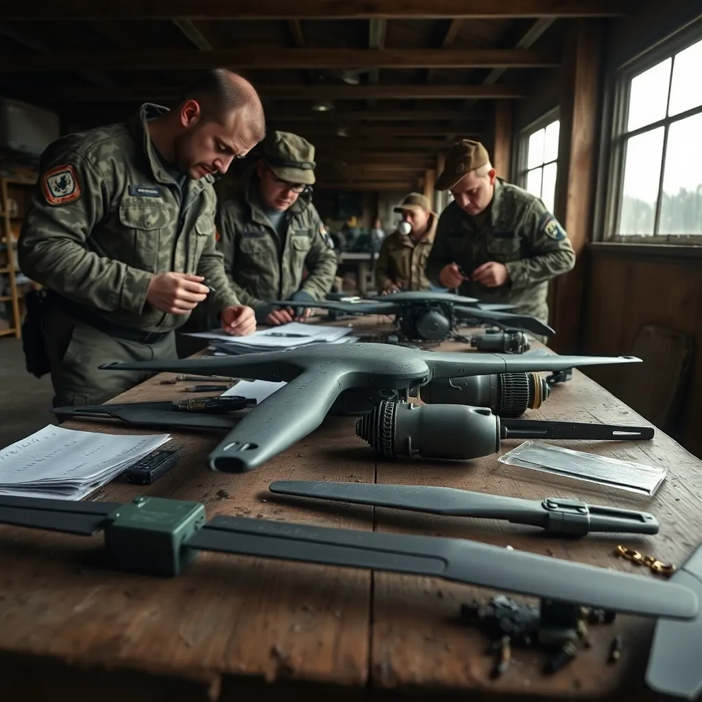 daylight field workshop in Ukraine where engineers and soldiers examine recovered hostile drone parts on tables, tools, circuit boards, engines, handwritten notes, practical ingenuity, muddy boots, intense focus, realistic documentary style, rich detail