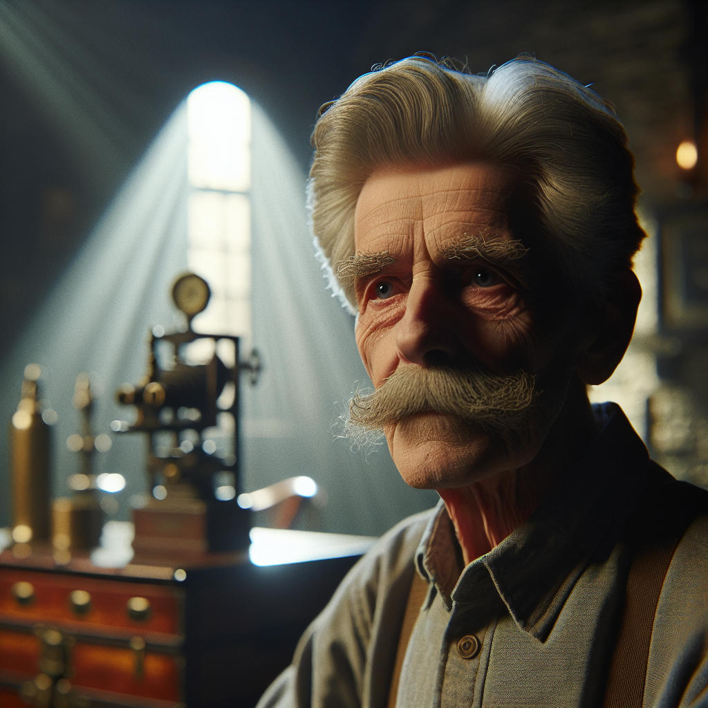 an elderly man resembling Adolf Hitler, frail and aged, sitting in a dimly lit room with historical artifacts around, highly detailed, photorealistic, dramatic lighting