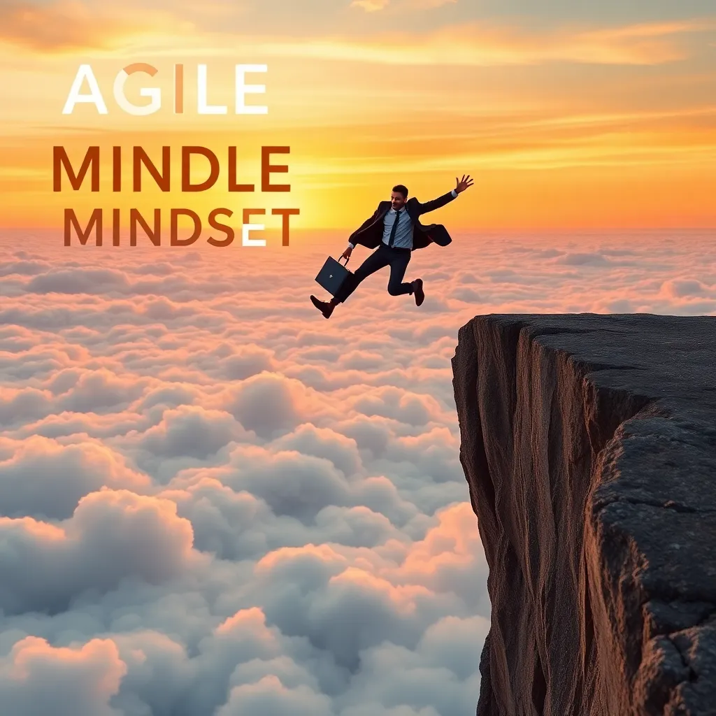A businessman in a suit jumping off a cliff into a sea of fluffy white clouds, holding a briefcase, with a sunset background and the words 'AGILE MINDSET' written in the sky