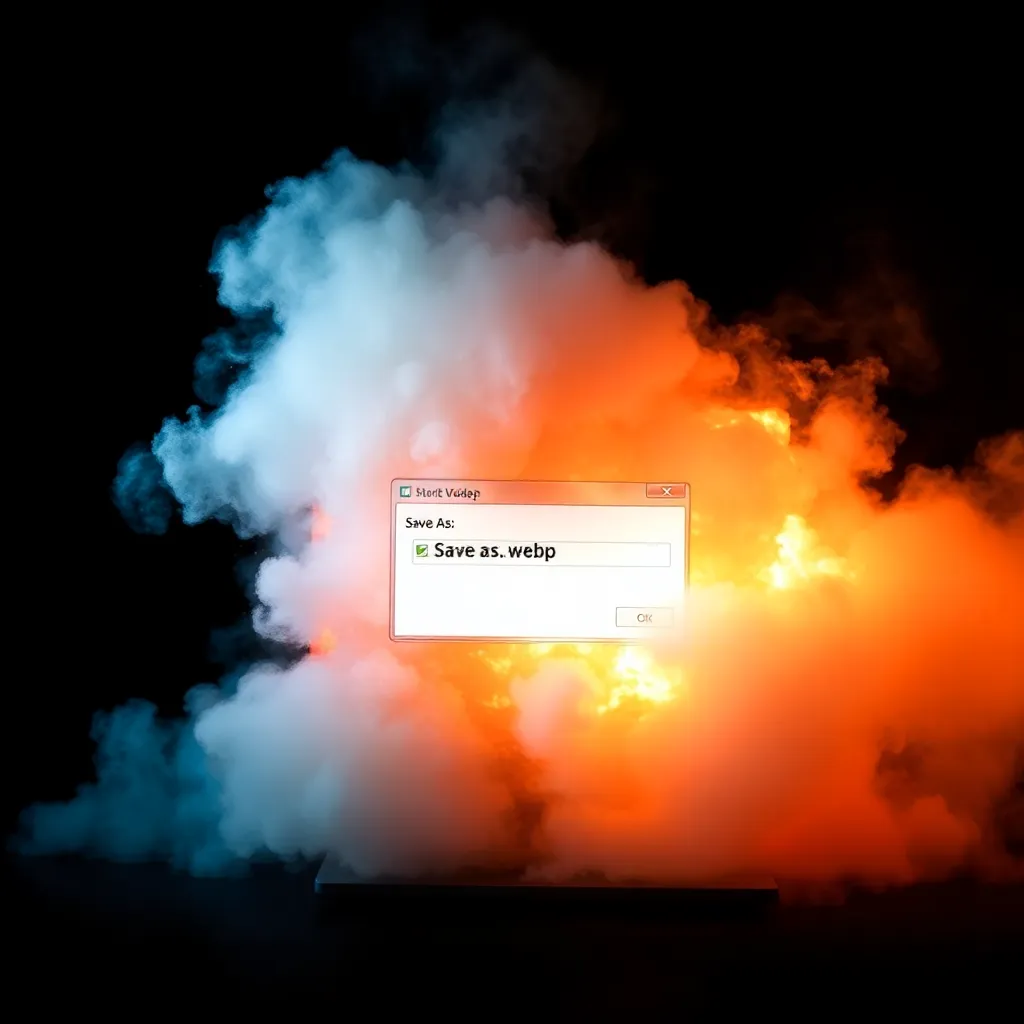 A desktop computer monitor exploding into a cloud of binary code and smoke, a 'Save As' window is visible on the screen showing the .webp extension, high contrast, explosive action