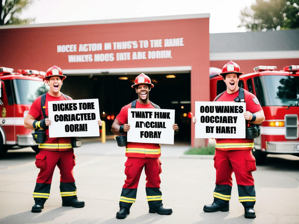 firefighters holding humorous signs, fire station in background, social media meme style