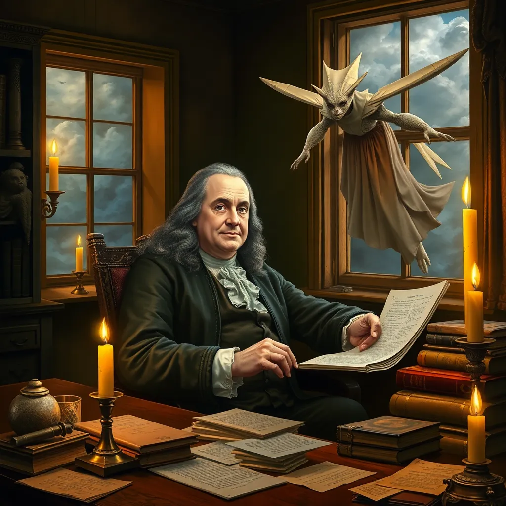 Benjamin Franklin in colonial study lit by candlelight, writing secret correspondence while a refined floating alien with geometric robes hovers nearby, papers, quills, scientific instruments, open window with storm clouds, painterly realism, whimsical and grand