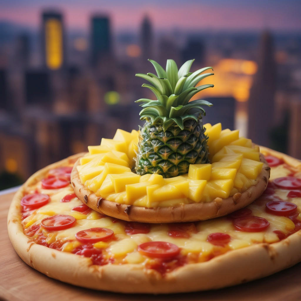 a close-up of a pineapple ring on top of a pizza, with a cityscape in the background, blurred and out of focus, the pineapple ring is in sharp focus, high contrast, vibrant colors, 4k, detailed, realistic