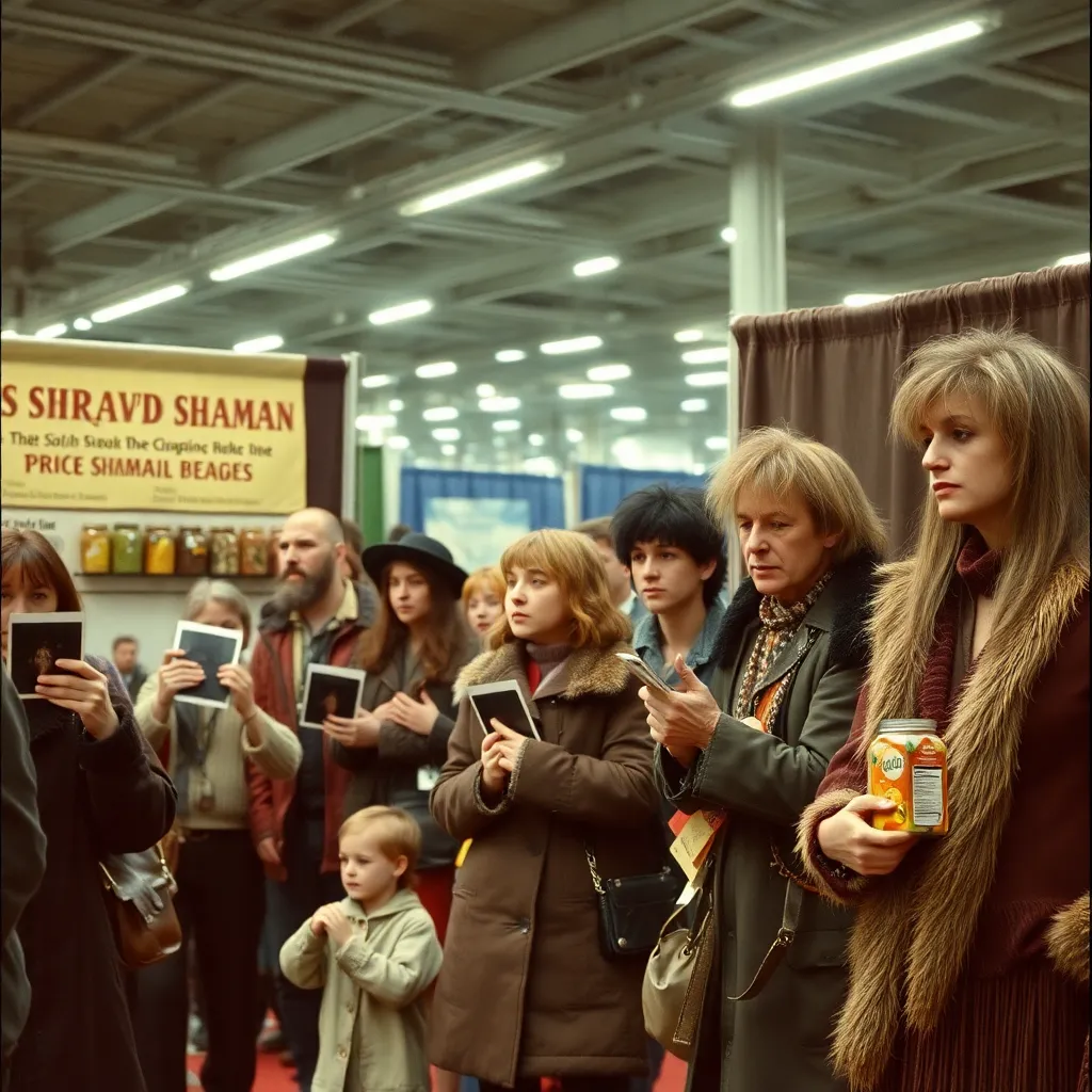 line of eccentric expo attendees in 1986 waiting at a swamp shaman booth, people holding Polaroids, jars of herbs, strange relics, a child with a juice box, woman in winter coat, man in fringe, fluorescent convention lighting, retro documentary realism with absurd mystical atmosphere