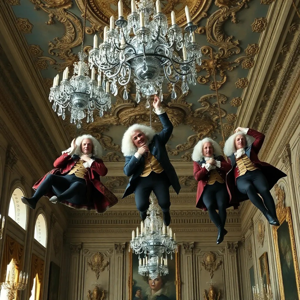 18th century French aristocrats in a lavish ballroom, hanging upside down from crystal chandeliers while clutching their powdered wigs, ornate furniture on the ceiling, oil painting style