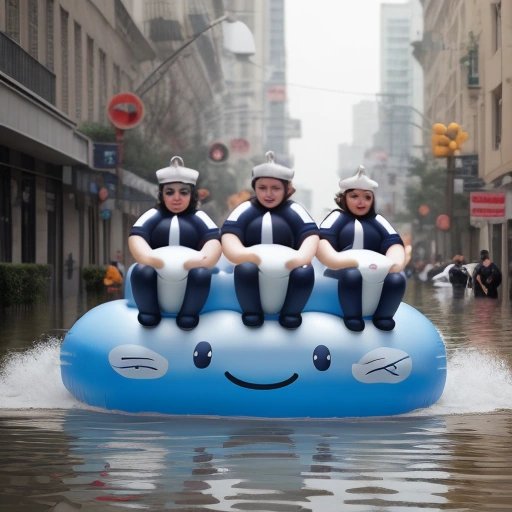 Navy sailors riding inflatable dolphins in a flooded city