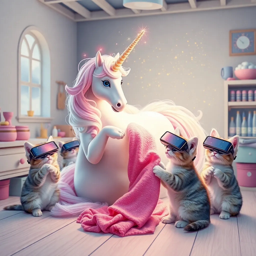 A mystical unicorn weaving socks from starlight and glitter in a pastel workshop, surrounded by adoring kittens wearing tiny VR headsets