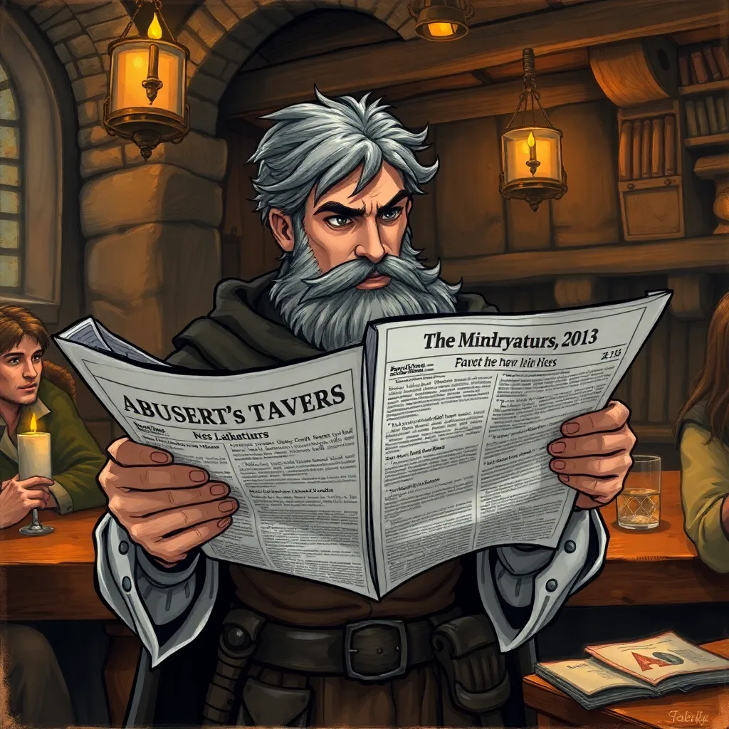 a fantasy adventurer reading a newspaper with absurd headlines in a medieval tavern, surrounded by other adventurers
