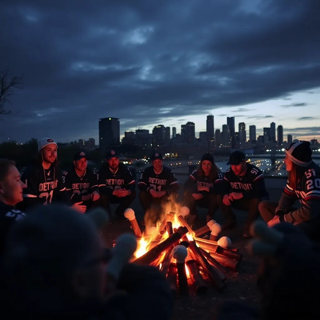 A group of Detroit fans sitting around a campfire made of old foam fingers and jerseys, staring blankly into the flames, the city skyline of Detroit in the background at twilight, moody and atmospheric