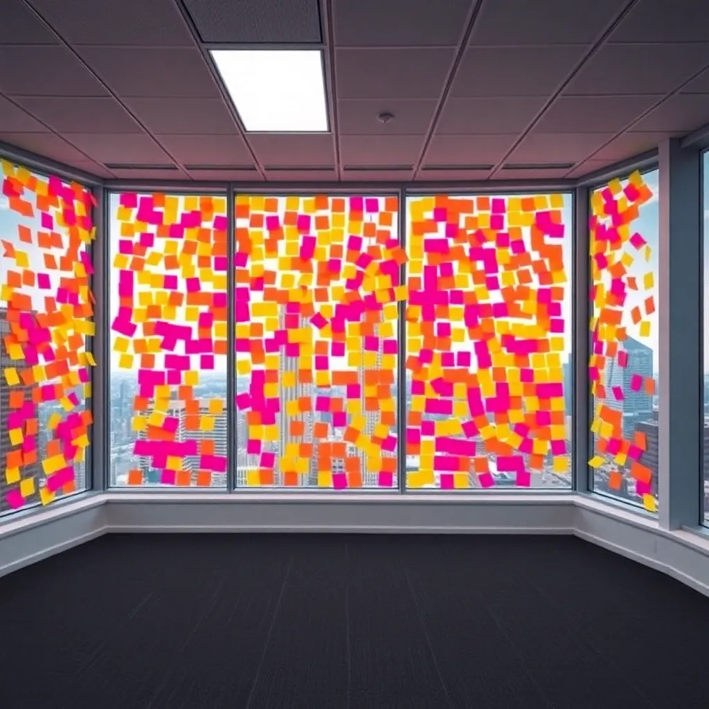 A wide-angle shot of an empty modern office space with thousands of colorful sticky notes covering every window, obscuring the view of the city, fluorescent lighting, deadpan corporate aesthetic.