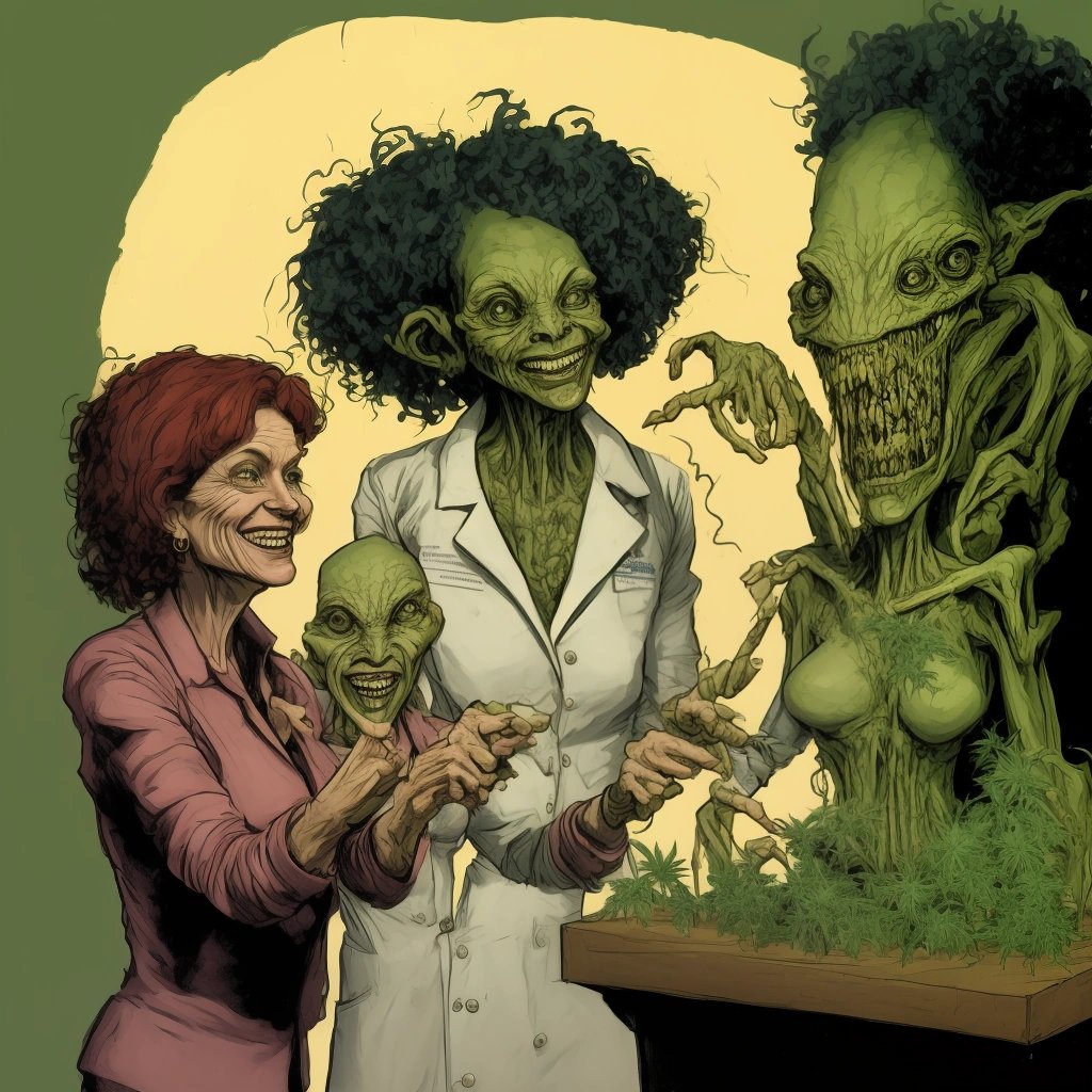 Dr. Mary Jane pointing at the cannabis stash