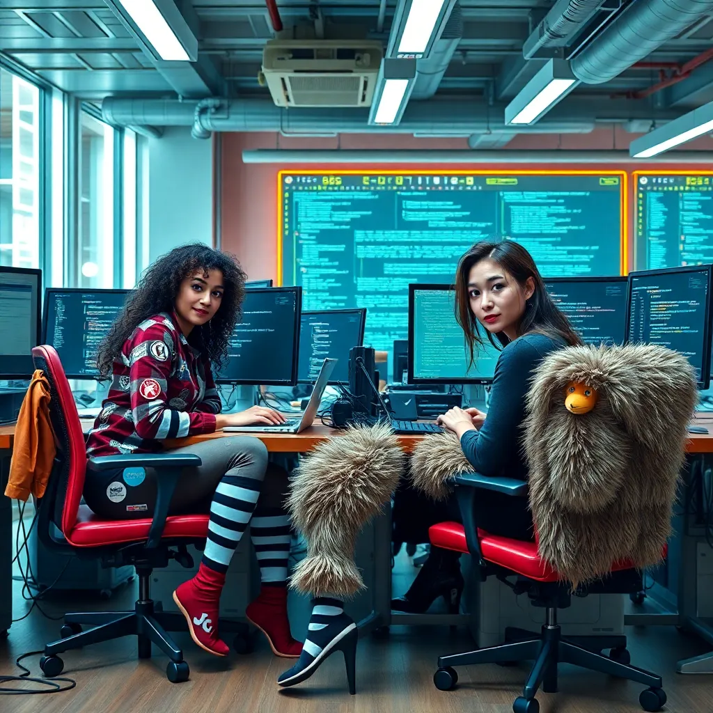eccentric but professional global IT workspace, diverse transgender programmers dominating a futuristic open office, old linux laptops covered in stickers, long striped programming socks, a furry costume hanging on a chair, complex code on monitors, confident brilliant atmosphere, colorful yet realistic