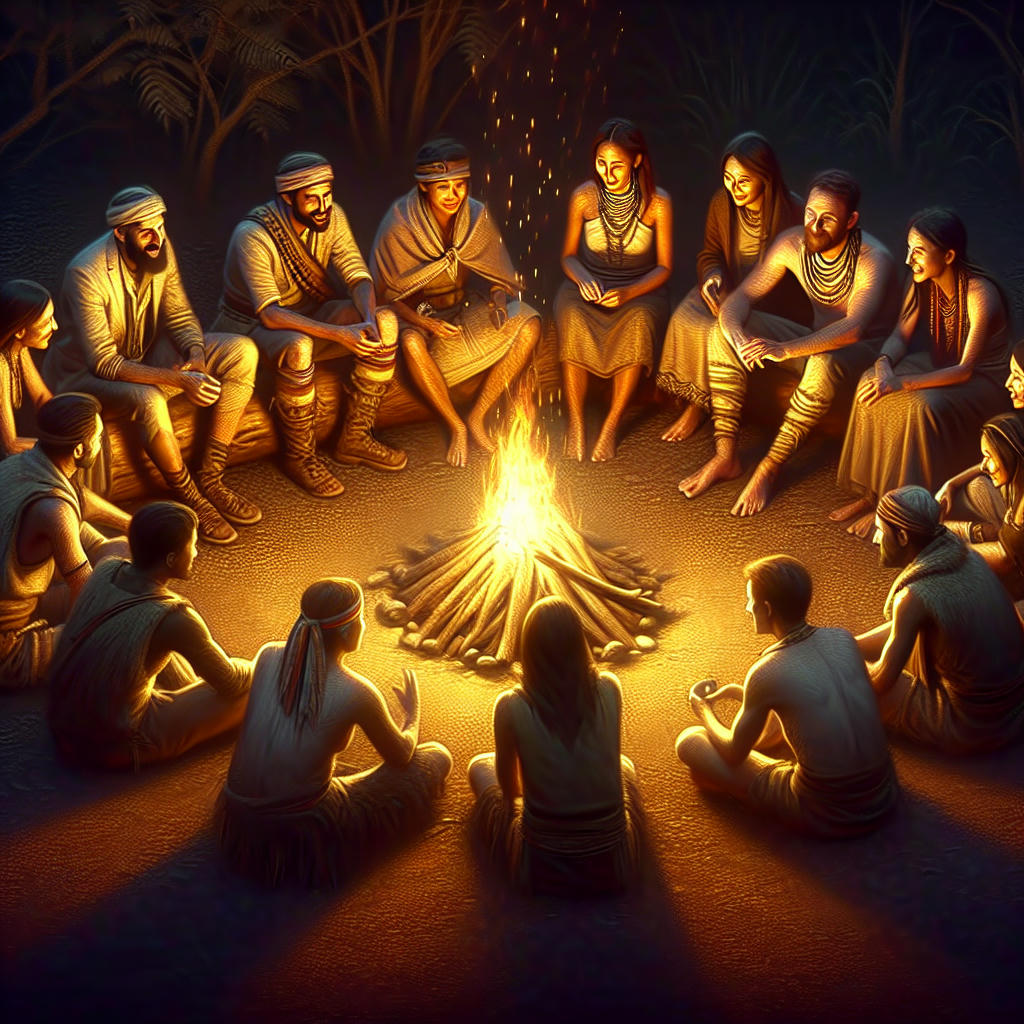 Tribal gathering around a campfire