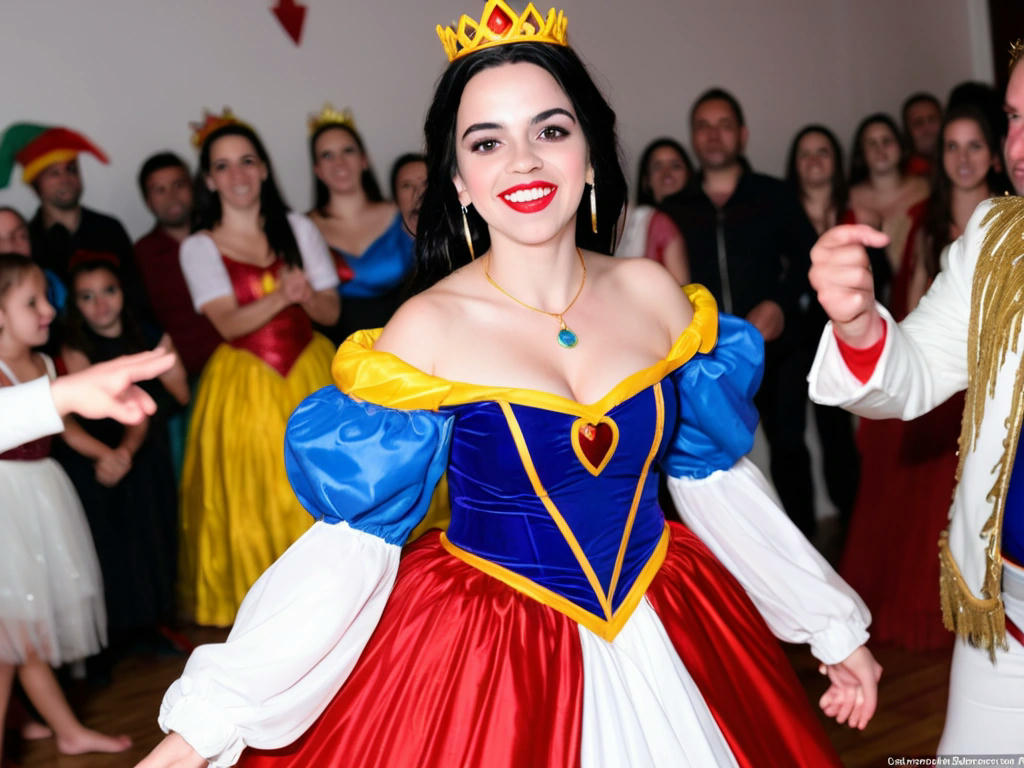 Rainha Má deslumbrante em um baile, com Branca de Neve ao lado em roupas simples e aparência apagada