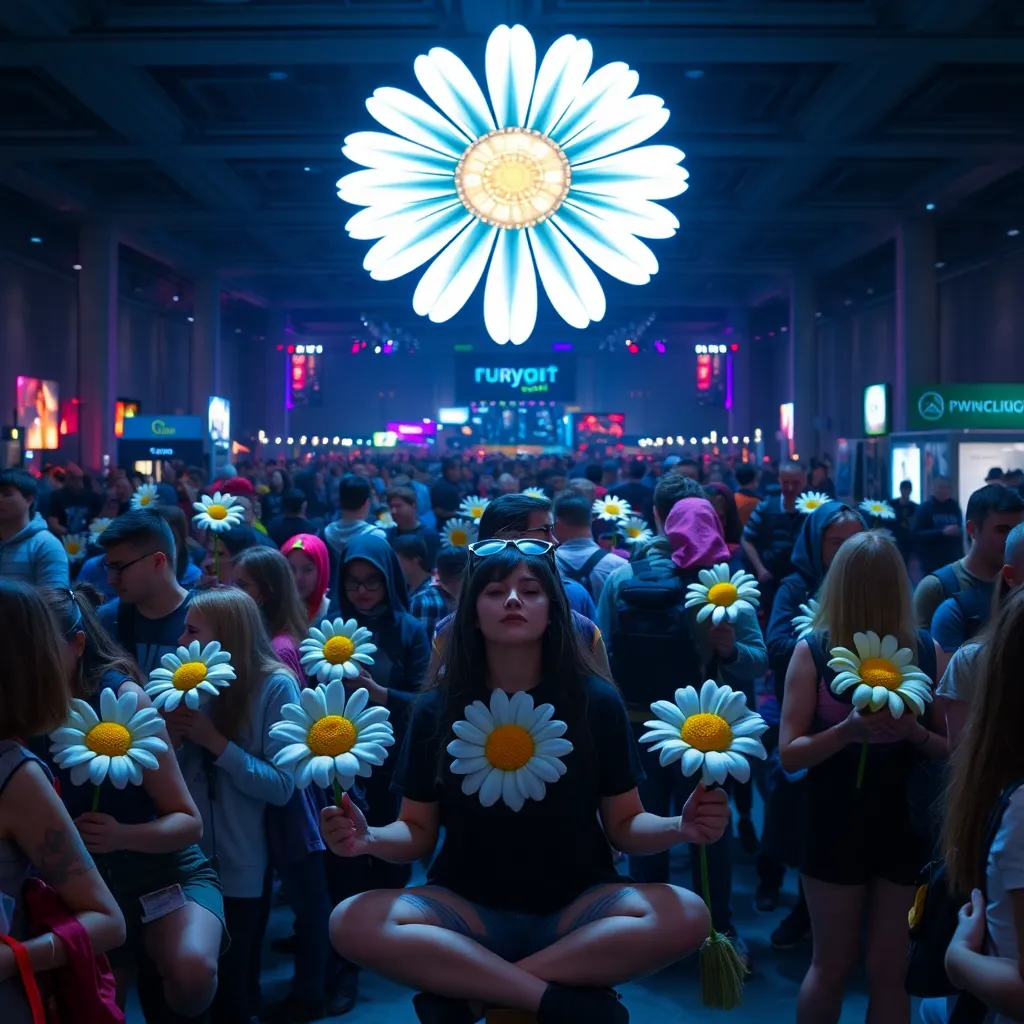 Crowd of gamers in cosplay holding daisy-shaped plushies at a convention, one person meditating under a floating digital daisy projection, vibrant festival atmosphere