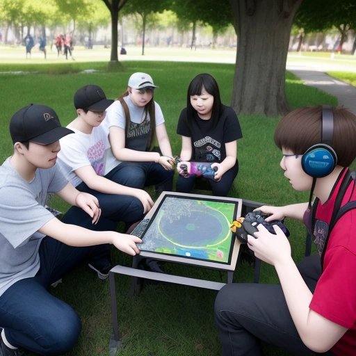 Strangers bonding over gaming in a park