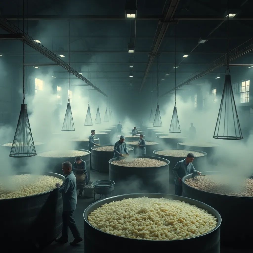 A massive industrial kitchen with giant vats of rice and meat, workers using cranes to stir the food, steam everywhere, epic scale, cinematic lighting