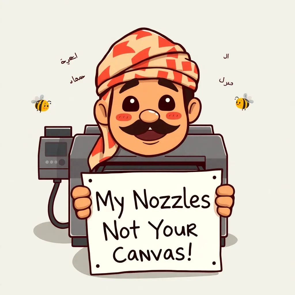 A cartoonish printer wearing a tiny keffiyeh, holding a picket sign that says 'My Nozzles Are Not Your Canvas!', surrounded by floating Arabic diacritics like tiny angry bees