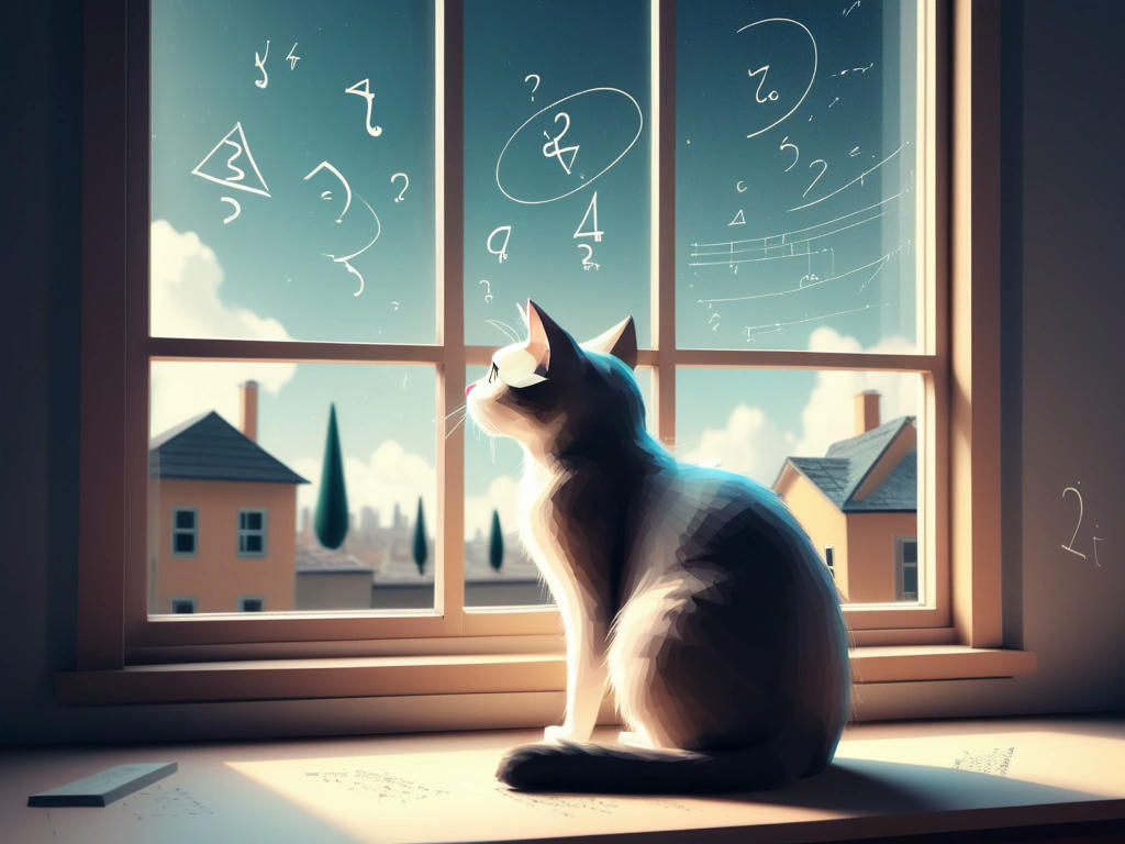 confused cat sitting by a window, staring at mathematical equations floating in the air, surreal digital art style