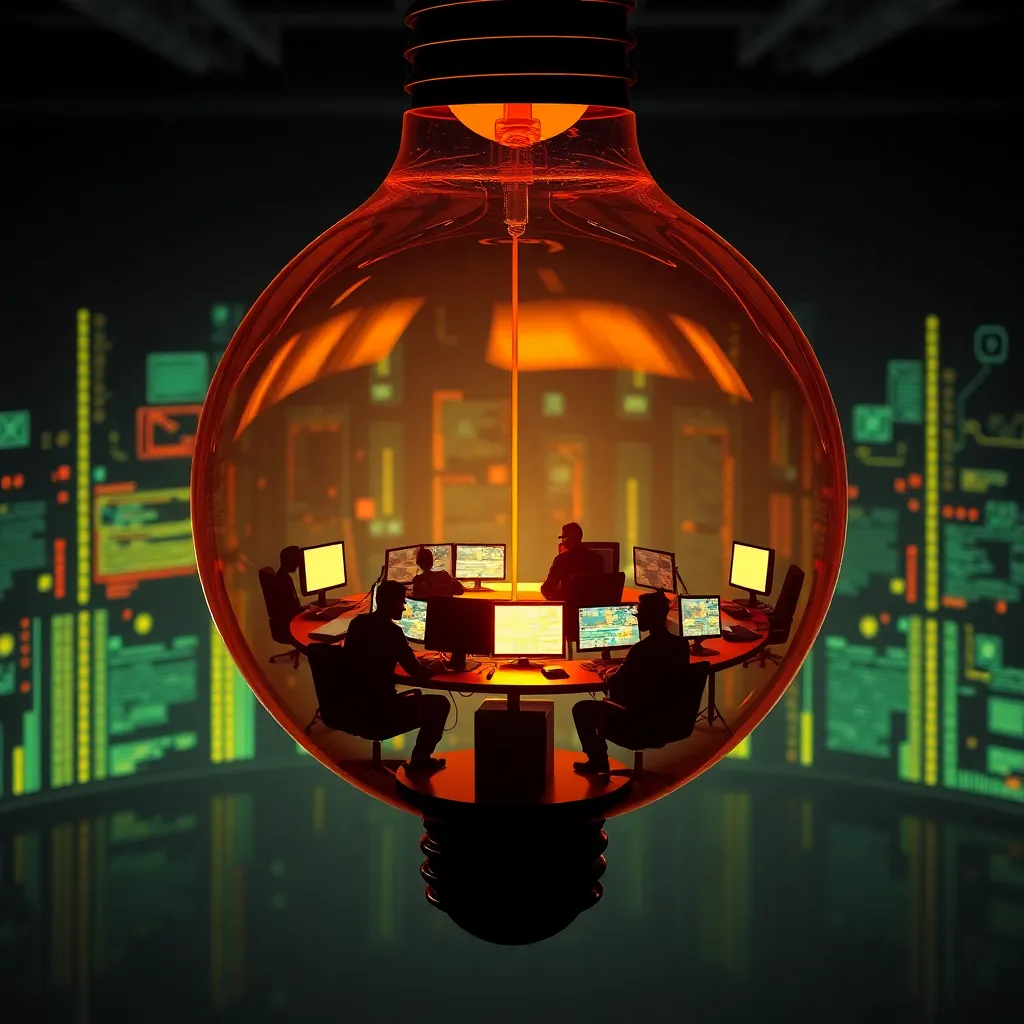 A high-tech command center inside a giant glass light bulb, tiny silhouettes of secret agents sitting at computer monitors inside the glowing filament