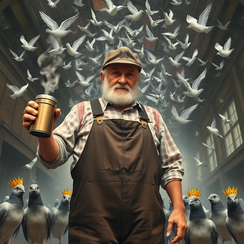 elderly blacksmith in overalls holding a steaming thermos, surrounded by floating glitter clouds and confused pigeons wearing tiny paper crowns, municipal building ceiling collapsing into origami birds