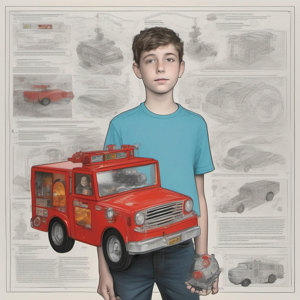 A teenager posing with a toy fire engine, a thought bubble containing a schematic of the Decoy Fire Truck