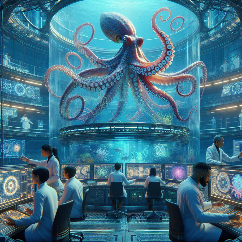 A futuristic underwater laboratory, with a team of scientists studying an octopus with eleventacles, surrounded by advanced equipment and holographic displays, vibrant colors, 8k, hyper-realistic, cinematic lighting, concept art by Syd Mead