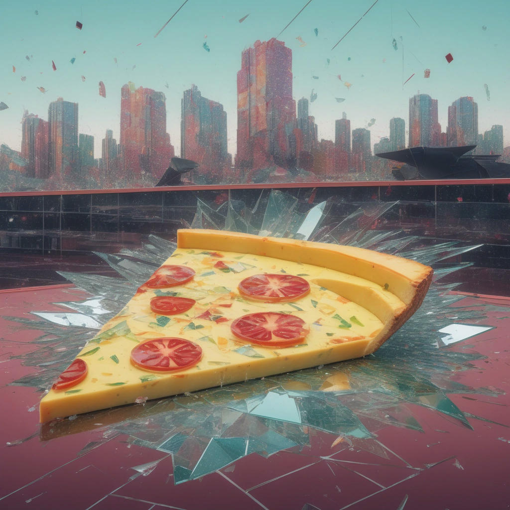 a stylized illustration of a pineapple slice and a pizza slice, surrounded by broken mirrors and shattered glass, with a faint image of a cityscape in the background, vibrant colors, and a sense of fragmentation, created by James Jean and Martin Ansin