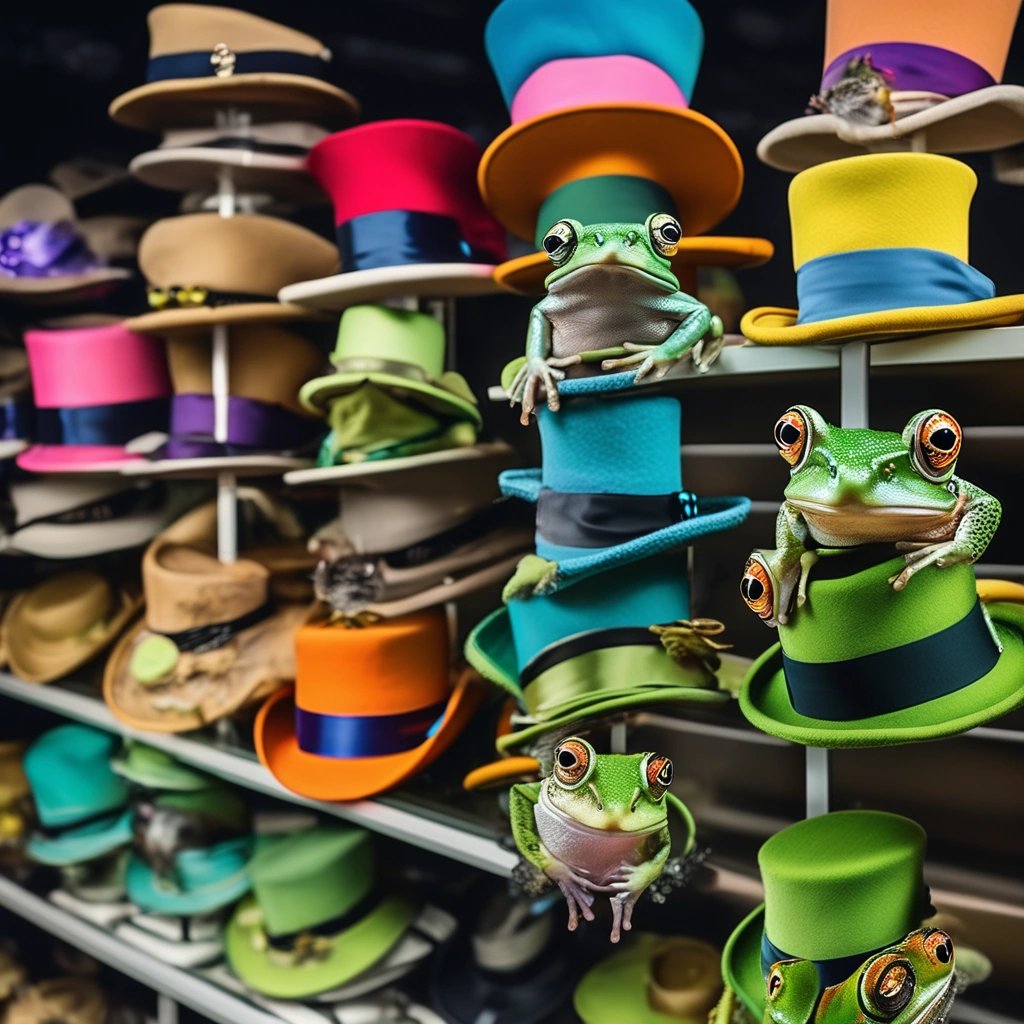 Display rack of stylish top hats for pet frogs