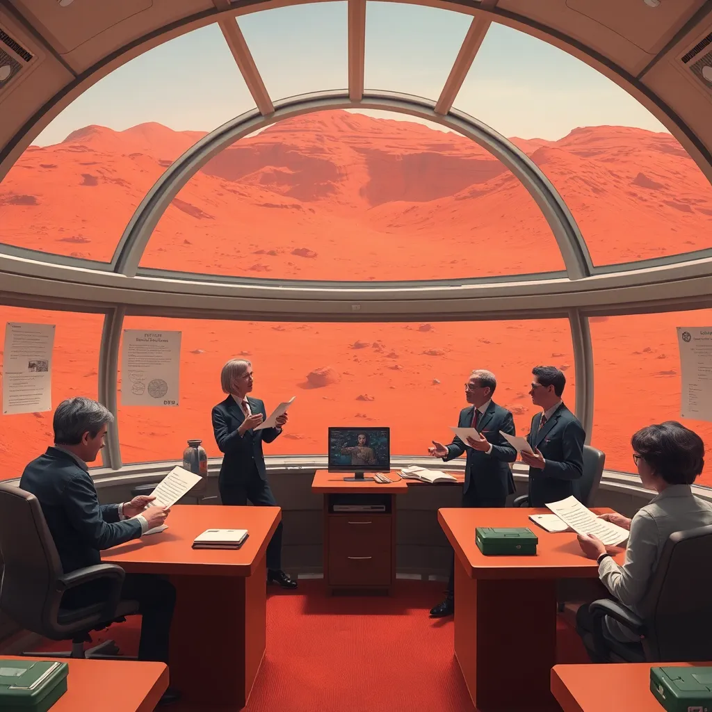 inside a domed Mars colony office in 2206, bureaucrats in sleek uniforms conducting official paperwork through poetic duels, citizens holding digital documents and reciting verses, red Martian landscape visible through transparent dome, whimsical yet realistic, highly detailed