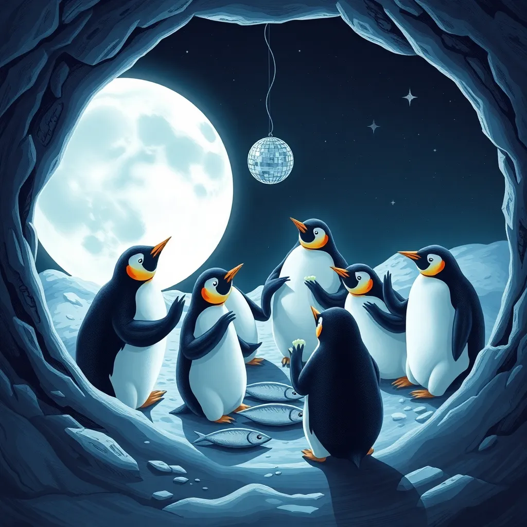 A group of penguins having a party inside a crater on the moon, eating frozen herring, disco ball hanging from a lunar module, stars in the background