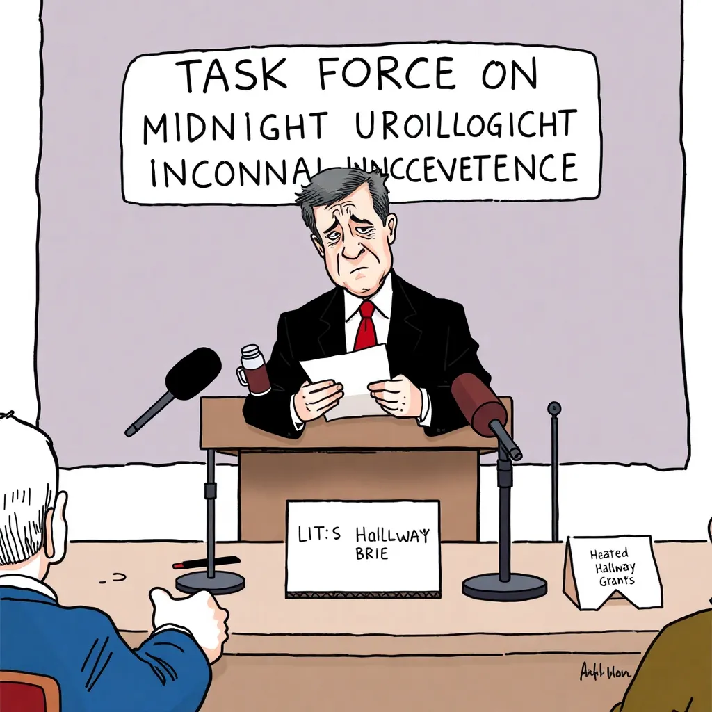 Government “Task Force on Midnight Urological Inconvenience” press photo parody