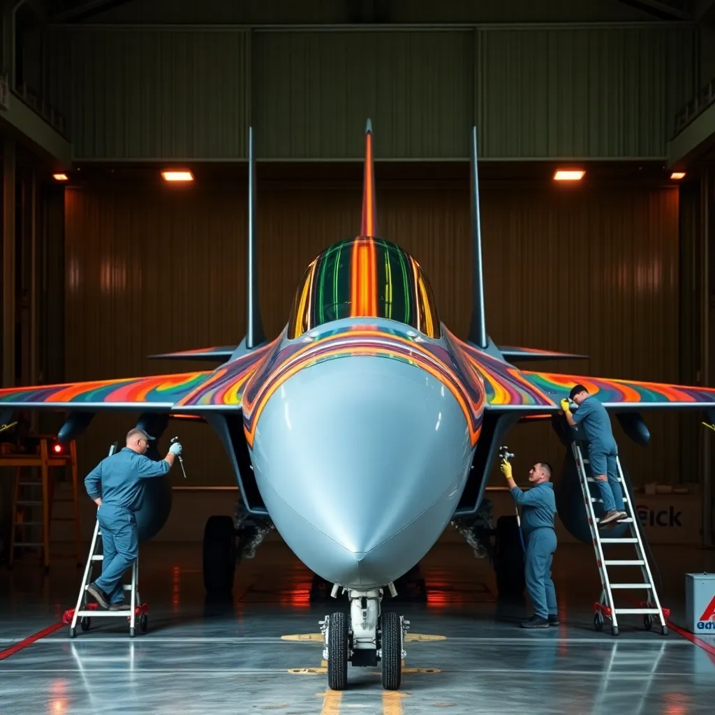 close view of military ground crew carefully painting an F-15C with sweeping rainbow stripes in a hangar, ladders, paint sprayers, aviation equipment, colorful reflections, detailed realistic scene