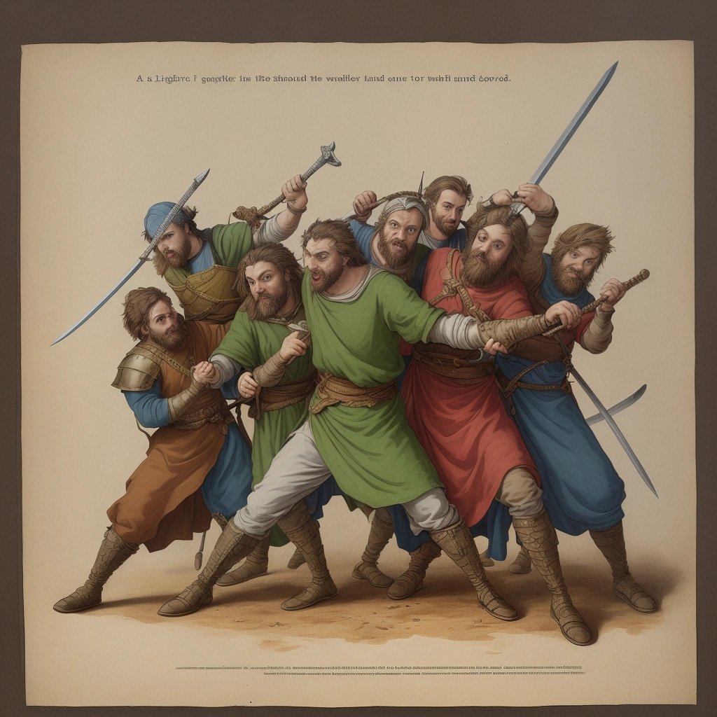 The man and his friends trying to pull out the sword