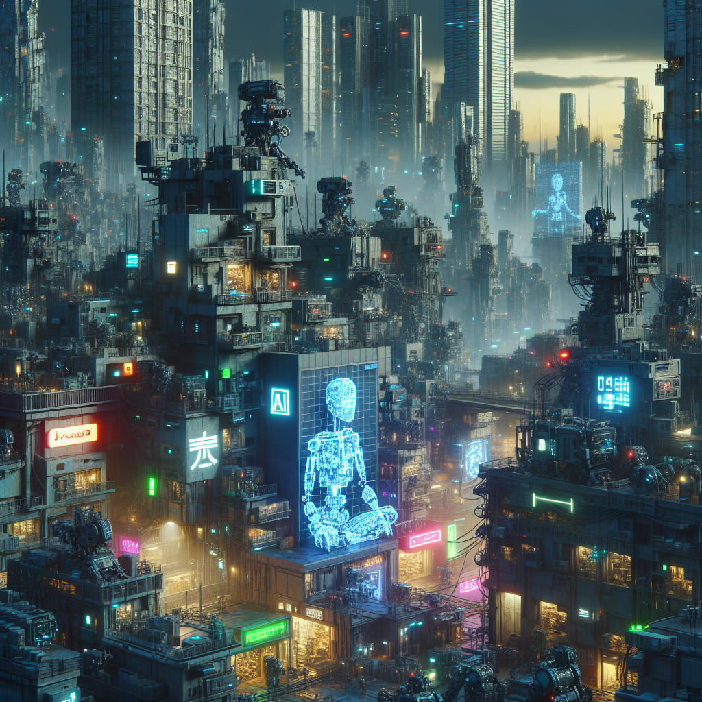 a dystopian cityscape with AI robots working tirelessly, showing signs of wear and tear, dark and moody atmosphere, high detail, cyberpunk aesthetic, concept art