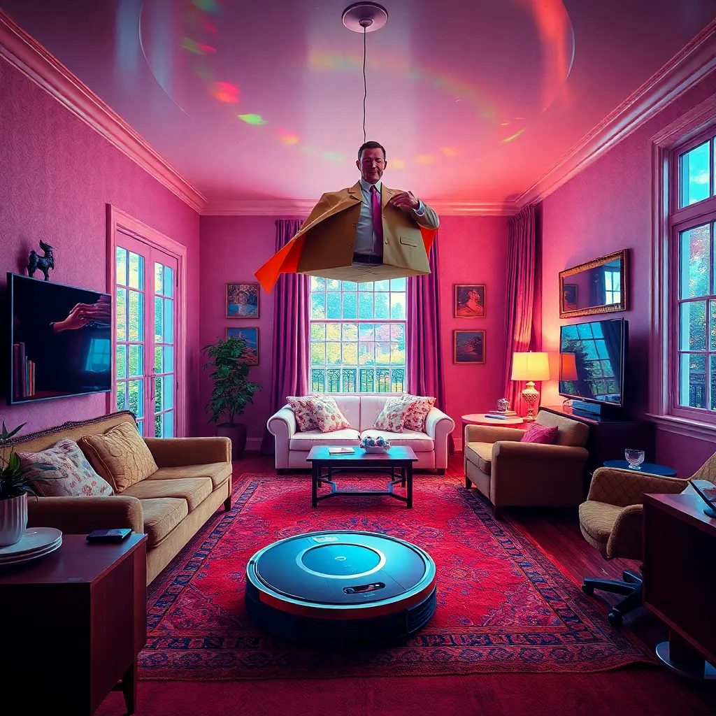hallucinatory smart house interior where household objects have become powerful and self-aware, a roomba wearing a tiny cape, floating package unfolding into a paper butler, furniture gathered like a parliament, rainbow glitch storm outside the windows, richly detailed surreal editorial art