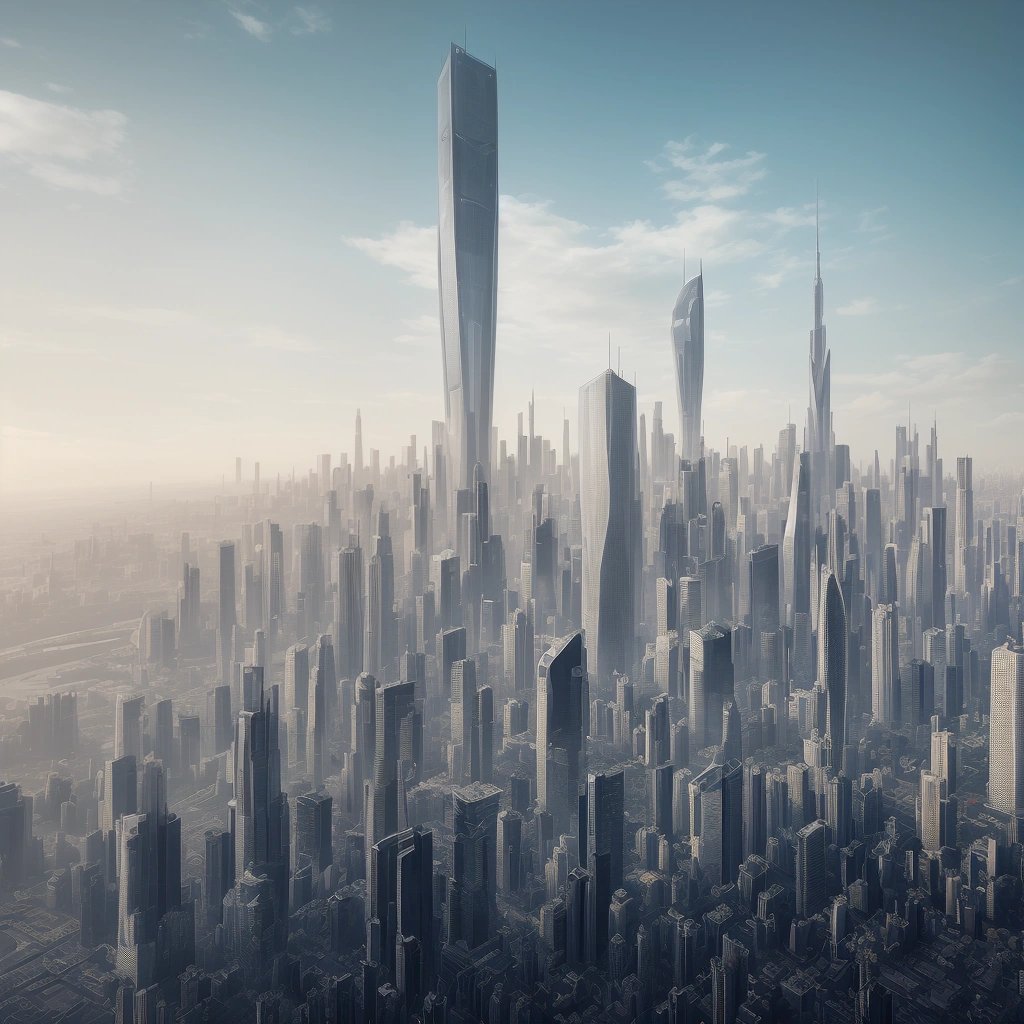 Futuristic cityscape with skyscrapers constructed by the automatic construction machine