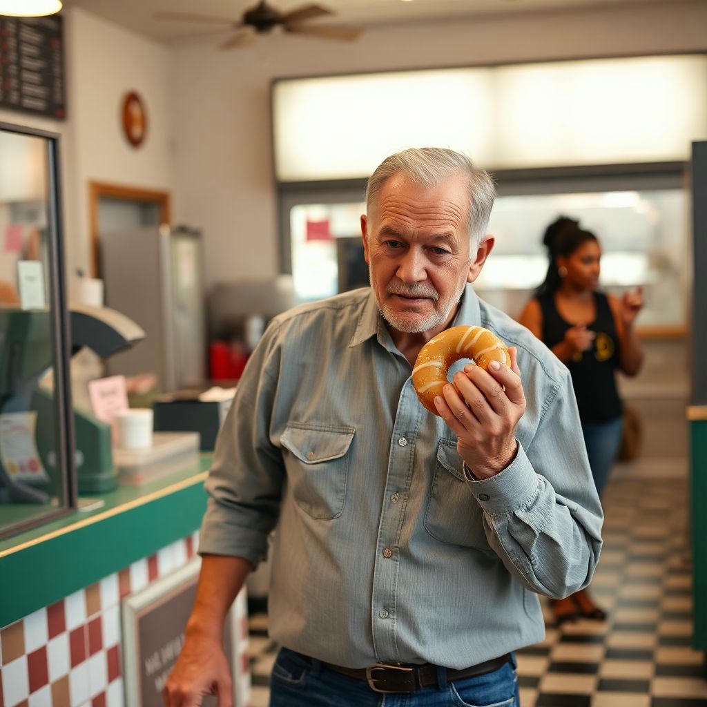 A man eating a donut while walking away from a cash register