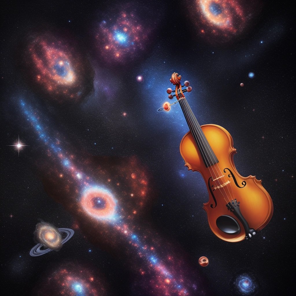 Subatomic particles resembling violins in a cosmic backdrop