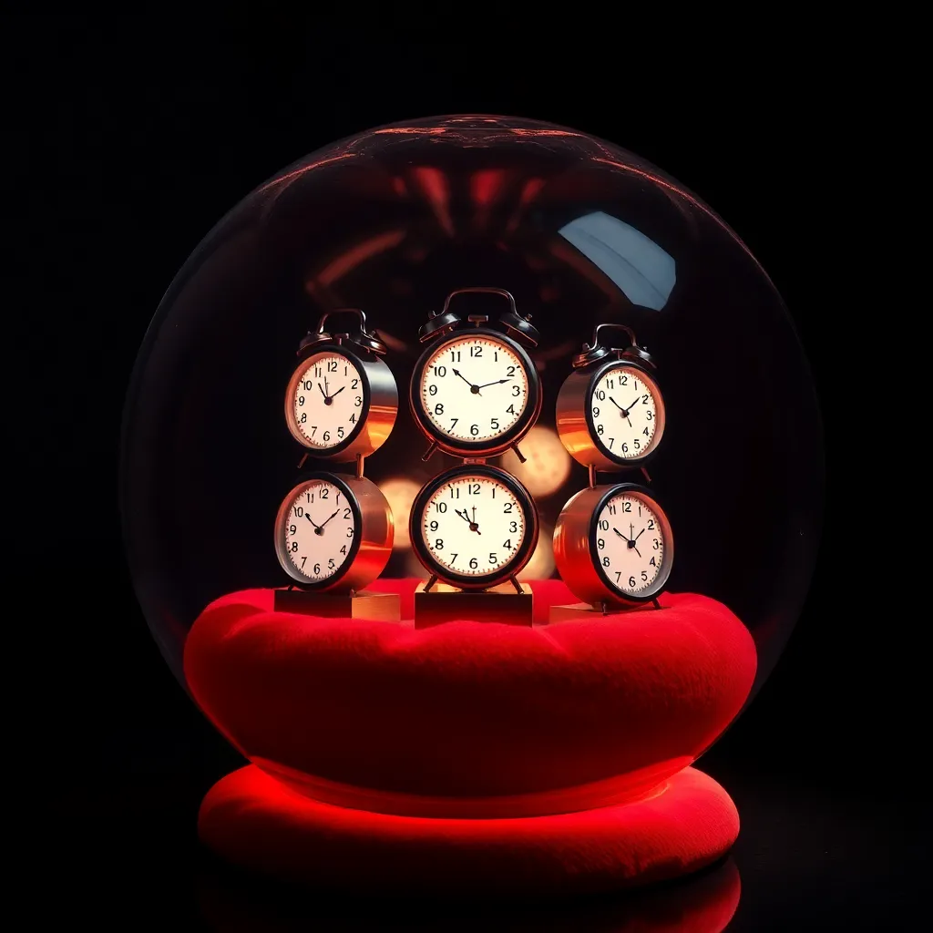 A glowing glass sphere containing multiple versions of the same small clock, each showing a different time, resting on a velvet cushion in a dark room