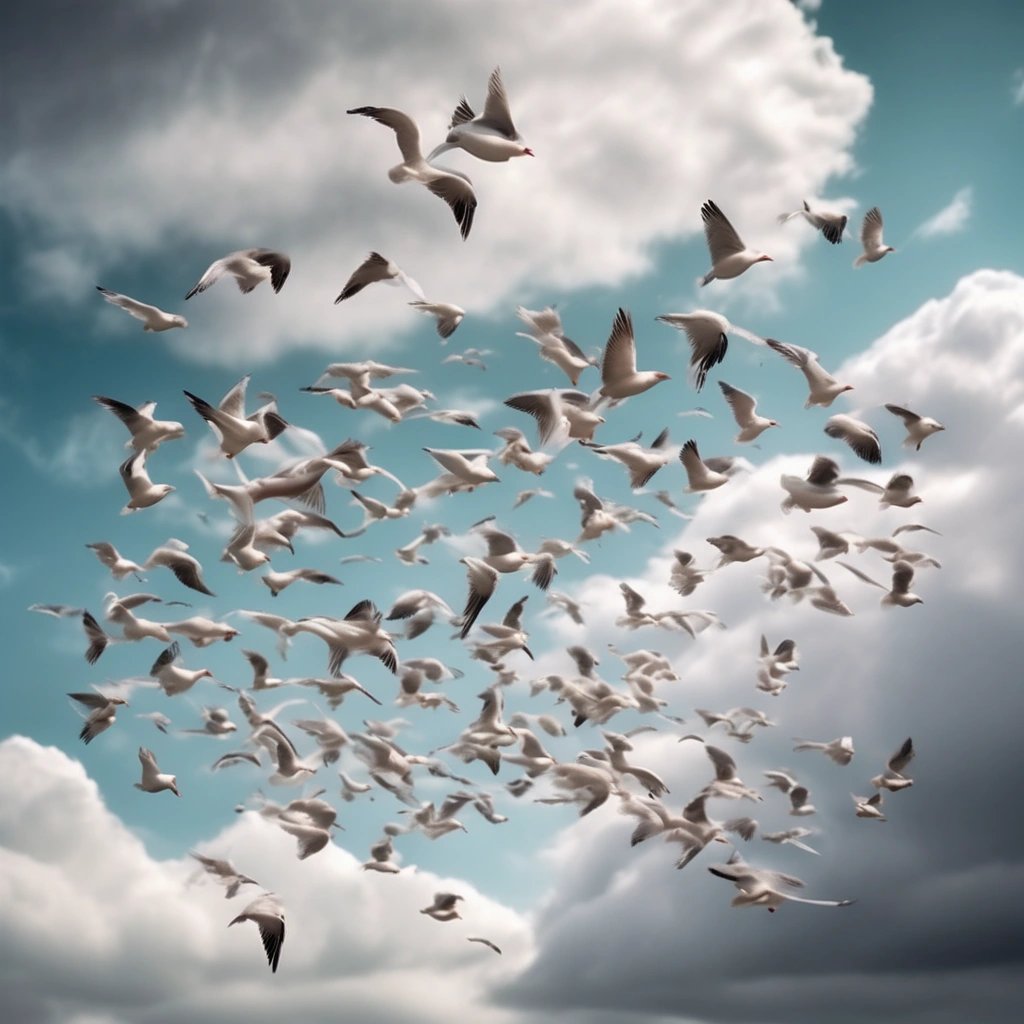 Seagulls forming a haircut shape in the sky