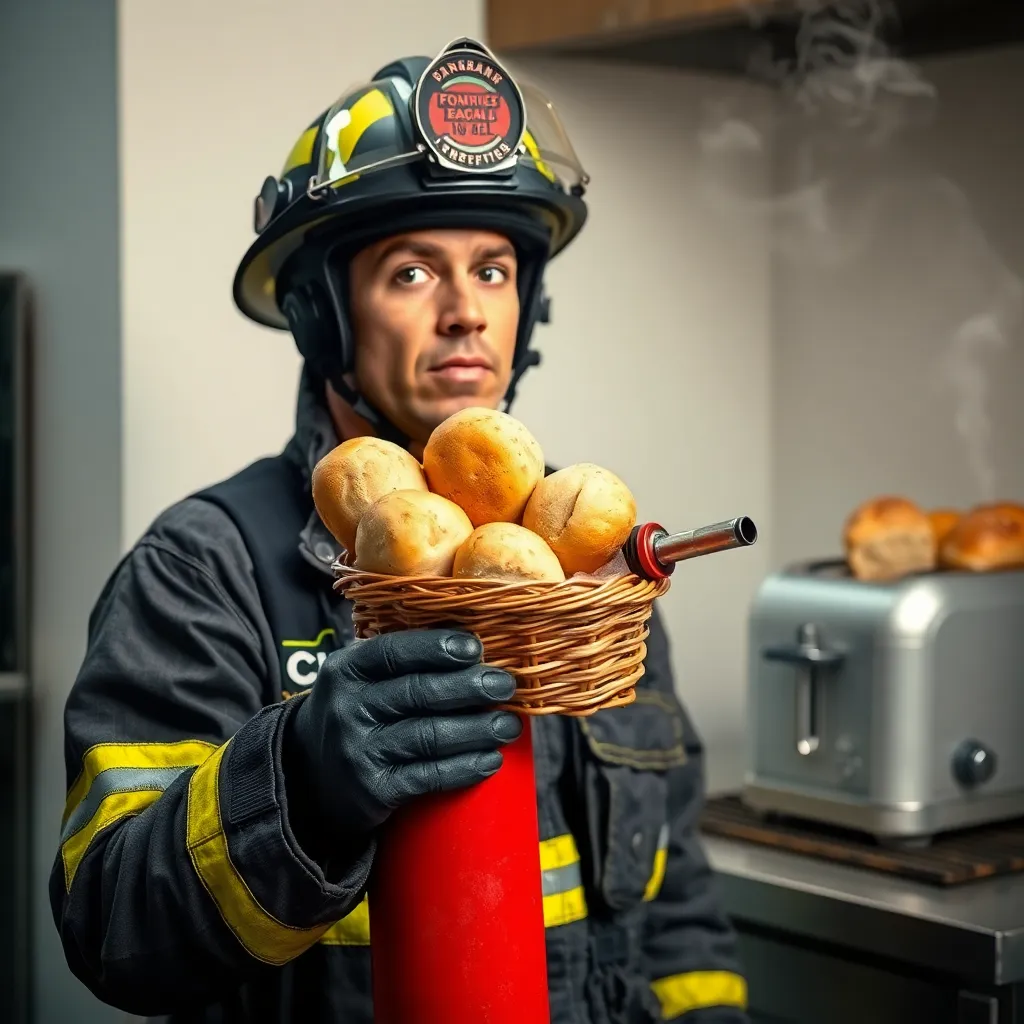 firefighter in full gear looking bewildered, holding a fire extinguisher nozzle that has been transformed into a tiny woven bread basket overflowing with artisanal sourdough rolls, smoke curling from the toaster in the background