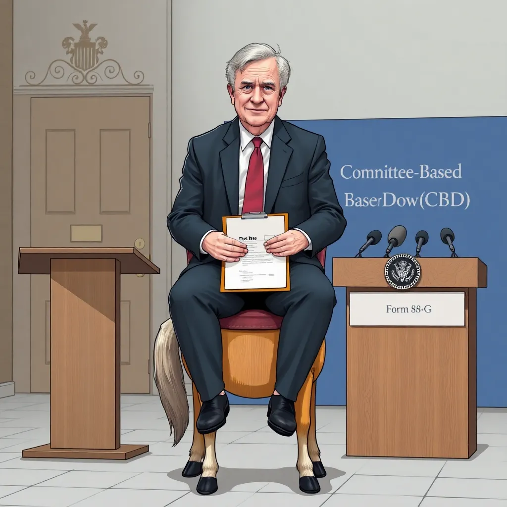 Minister Sir Benjamin Plrumb announces gravity’s replacement while “sitting standing” on a chair that is also a small pony