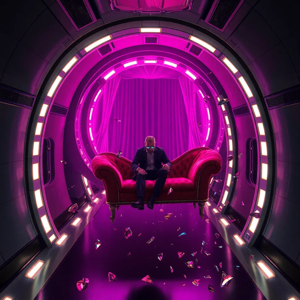 dramatic corridor in a secret intelligence facility, a velvet chaise longue flying through the air like a rescue device, elegant spies with rainbow-iridescent eyes escaping under a descending blast door, surreal action, fragments of flesh separating harmlessly like soft geometry, luxurious and chaotic