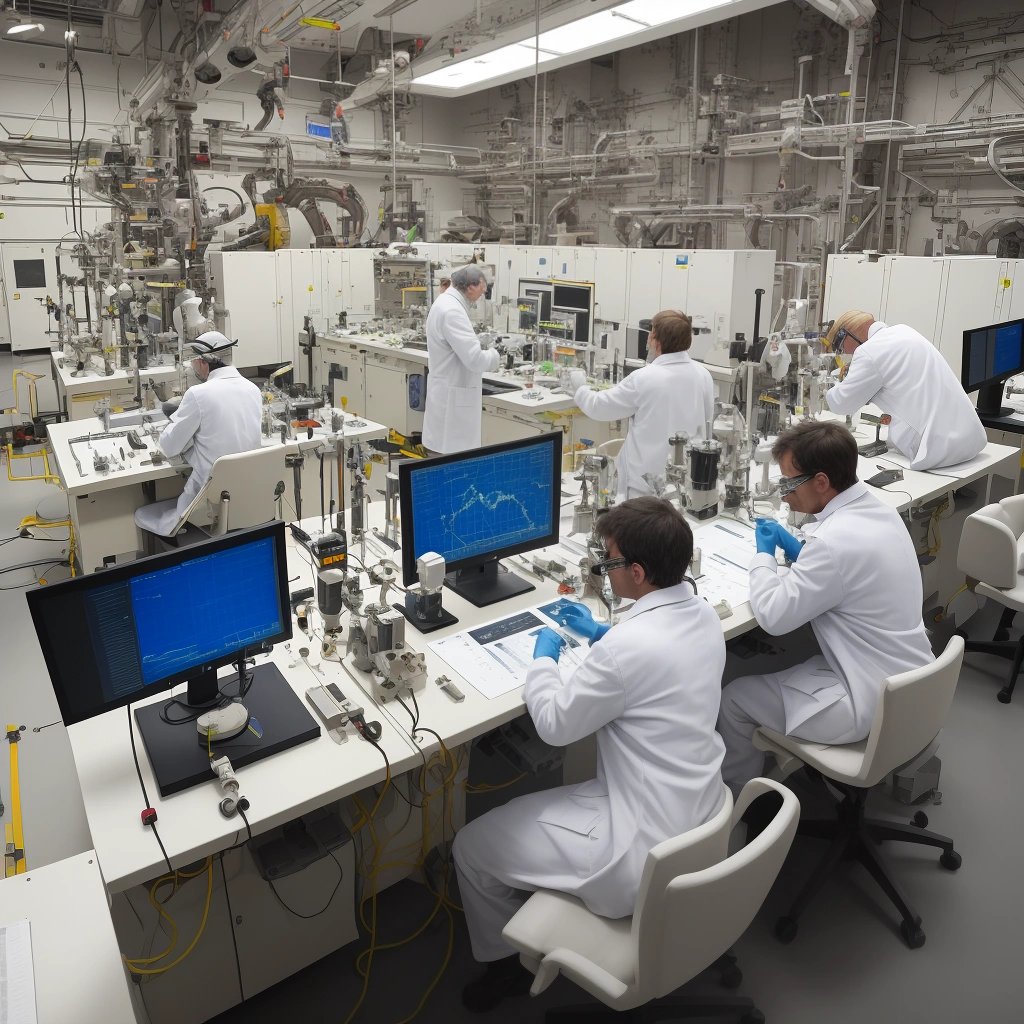Scientists examining samples in a high-tech laboratory