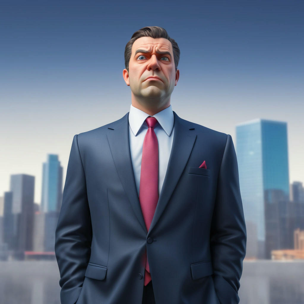 a lawyer in a suit, standing in front of a city skyline, with a 'not my problem' expression, 3d rendered, humorous, exaggerated, vibrant colors, comical