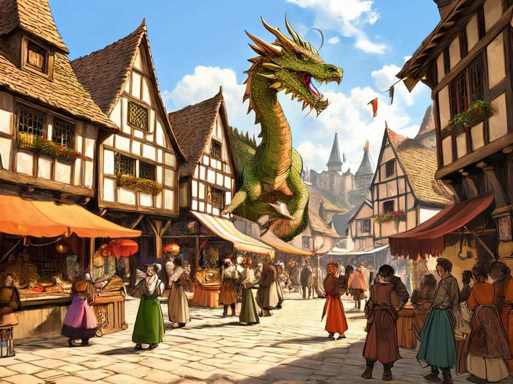 a medieval village with villagers speaking in rhyming couplets, colorful market stalls, and a dragon performing an interpretive dance in the town square