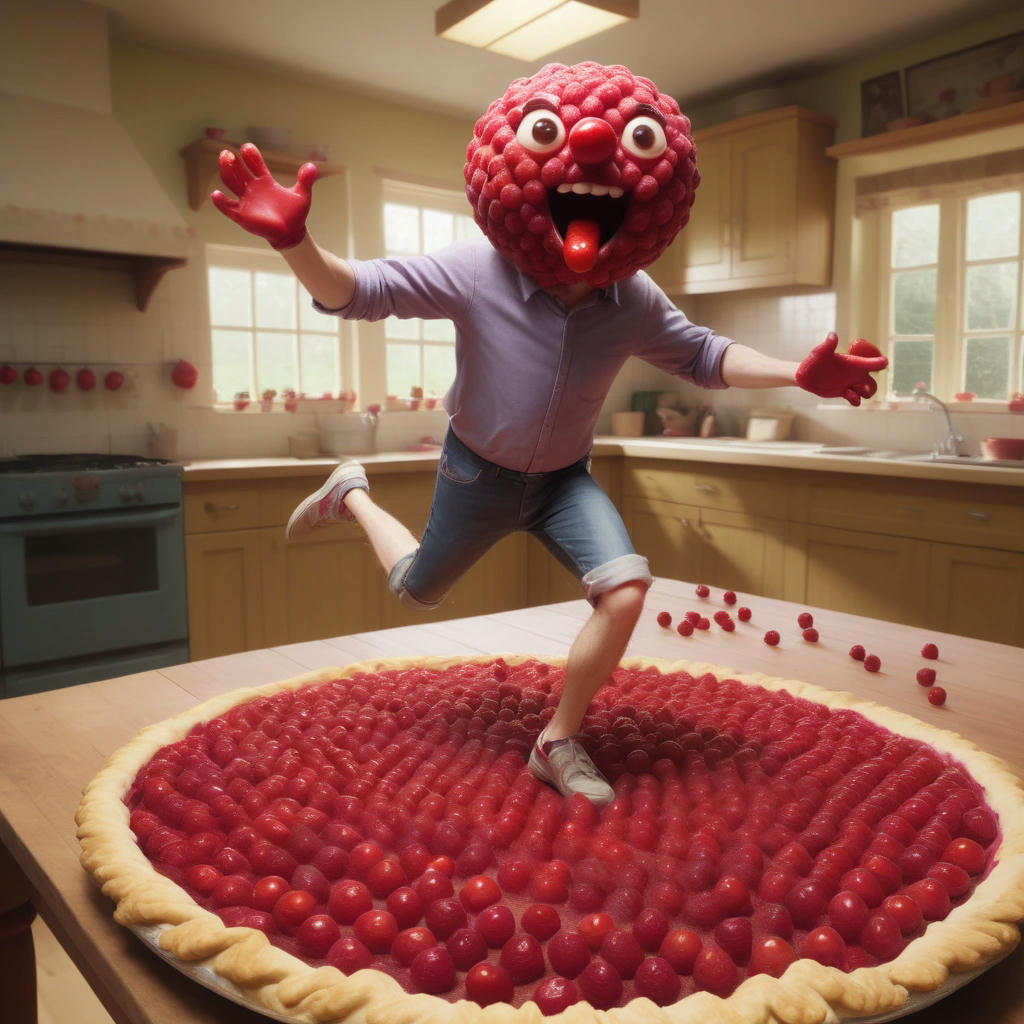 A whimsical scene where a man with a raspberry for a head chases after a bunch of cherries heading for an open pie crust.