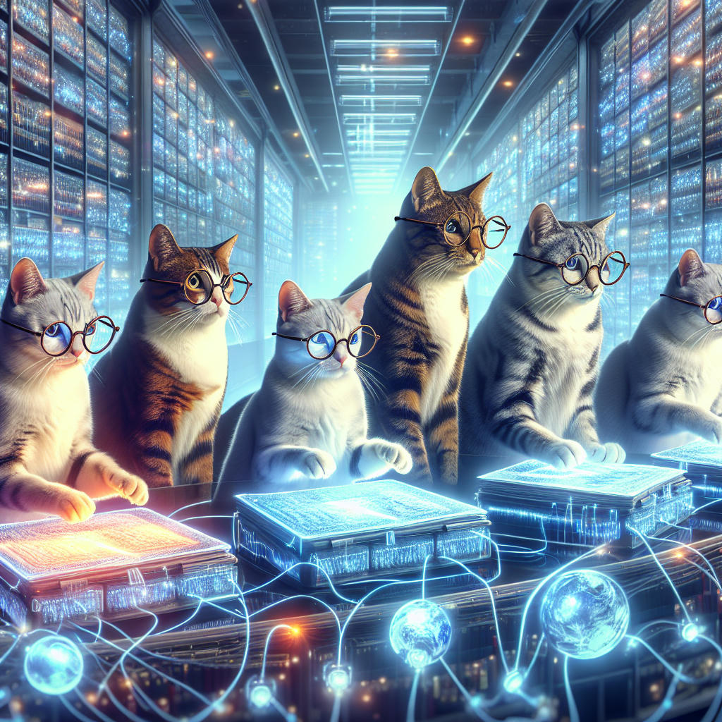 A whimsical depiction of cats wearing librarian glasses, managing digital files in a futuristic library.